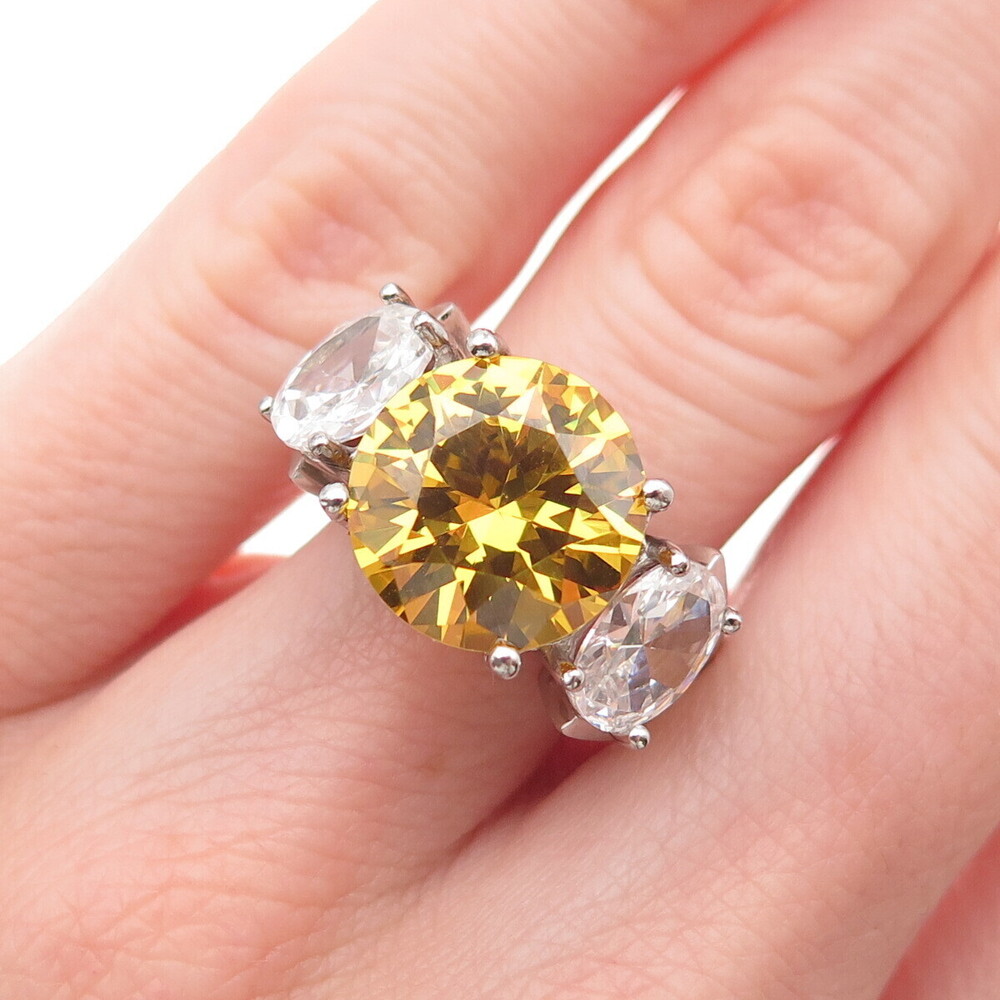 925 Sterling Silver Round-Cut Canary & Oval-Cut White C Z Ring Size 6.25